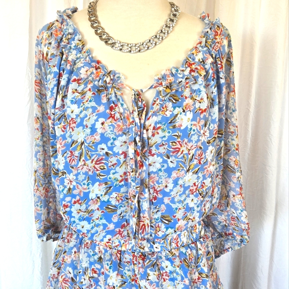 🏷️DAVI & DANI Blue Floral Keyhole Collar Tie Midi Dress 3X - Picture 2 of 9